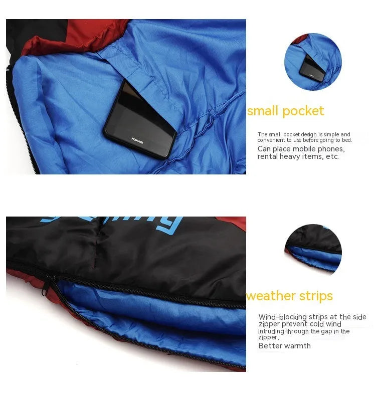 Mummy style camping sleeping bag in a colour option, shown next to its compression sack.