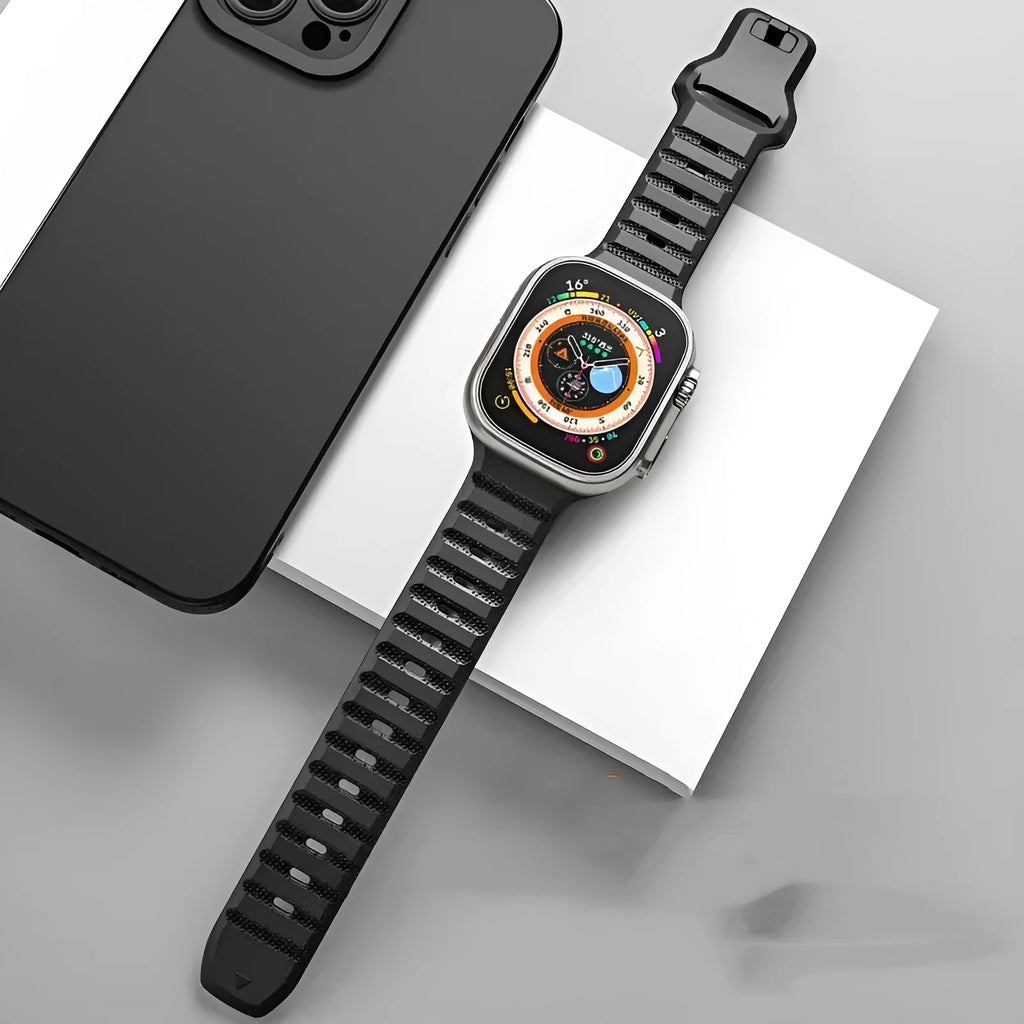 Fluoro rubber Apple Watch replacement strap with T buckle in multiple colour options.