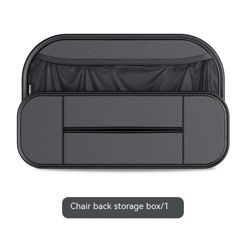 Black leather car seat rear storage bag with adjustable dividers for vehicle organisation