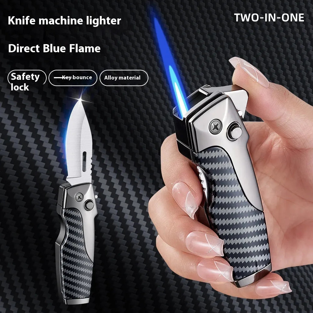 Zinc alloy metal folding lighter tool with a knife, shown in various colour and texture finishes.