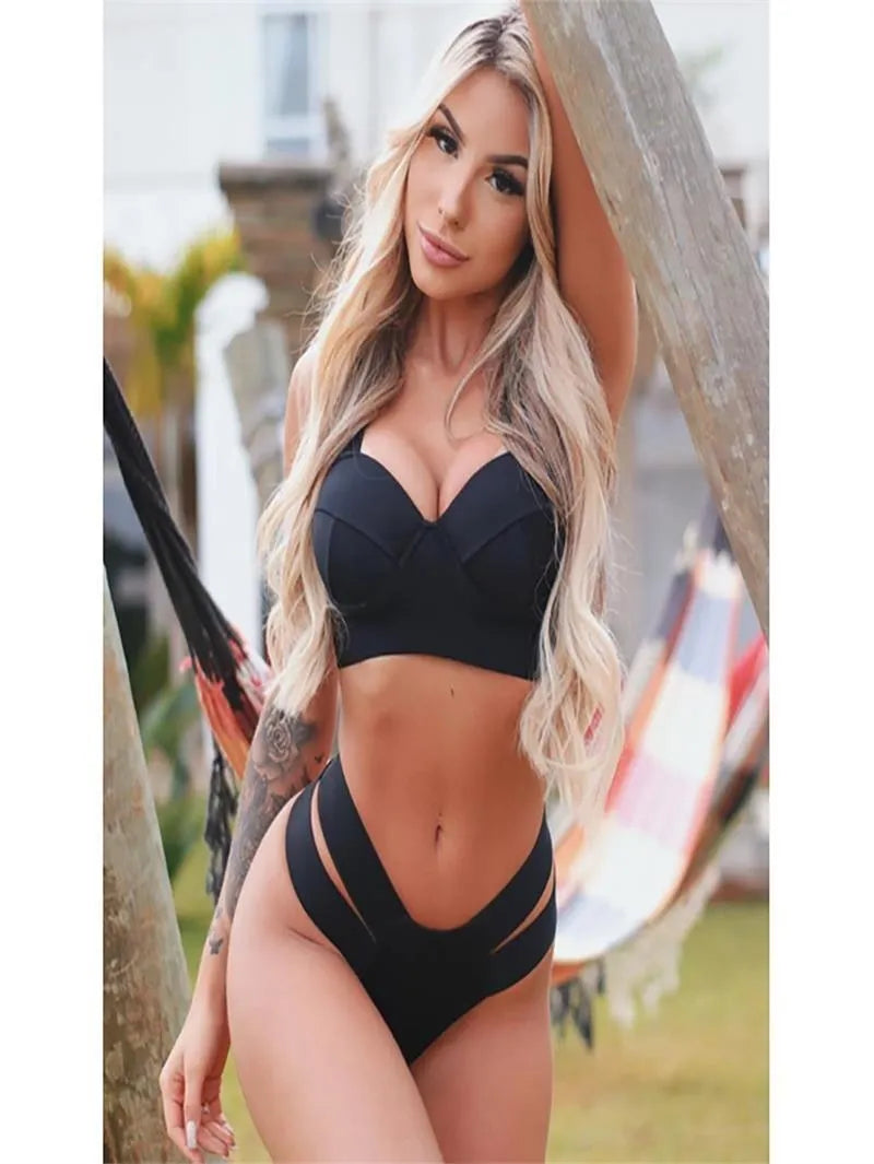 Women's steel bracket push-up bikini swimsuit in contrast colours: black, blue, peacock blue, and rose red.