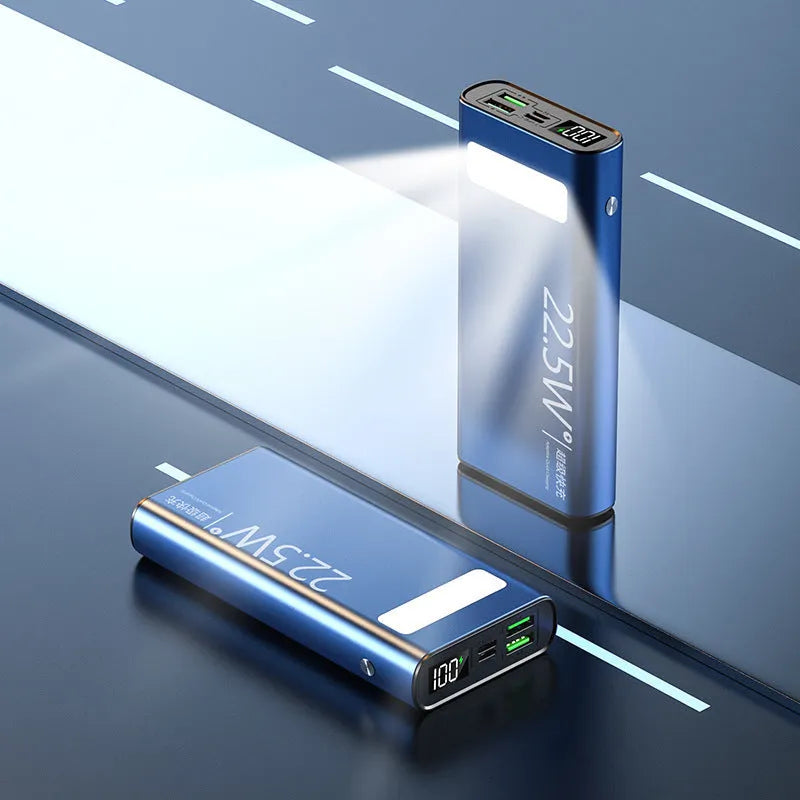 Alloy shell power bank showing LCD display, available in black, blue, green, and red colours.