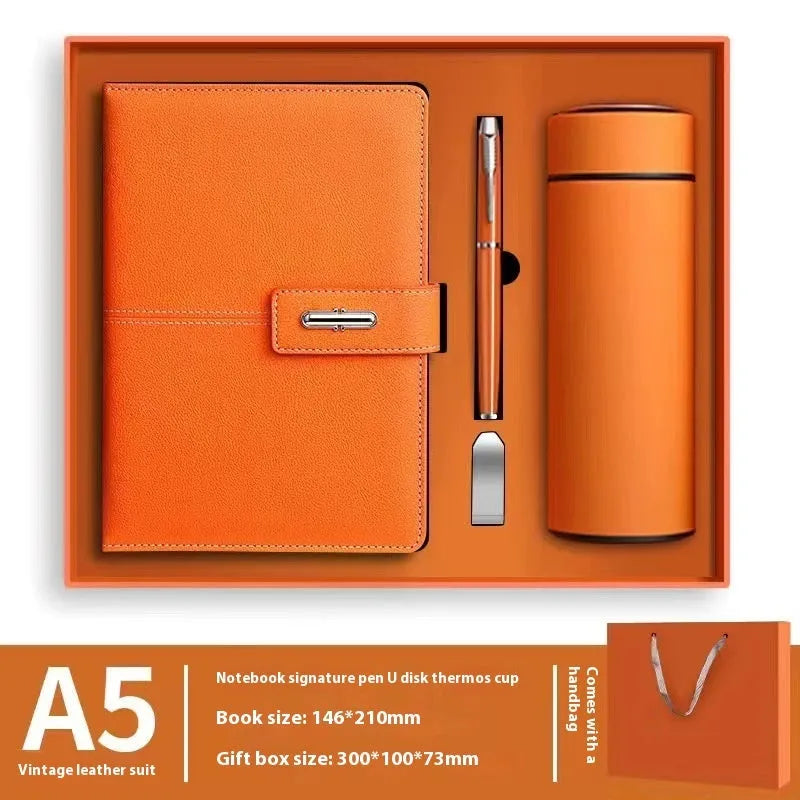 A5 notebook with PU leather cover in one of six colour options, showing wood-free paper inside.