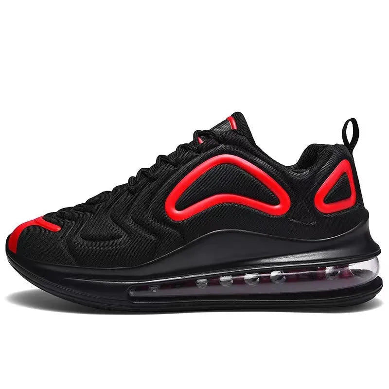Men's black casual sneakers with lace-up front, thick sole, and round toe for running and outdoor sports.
