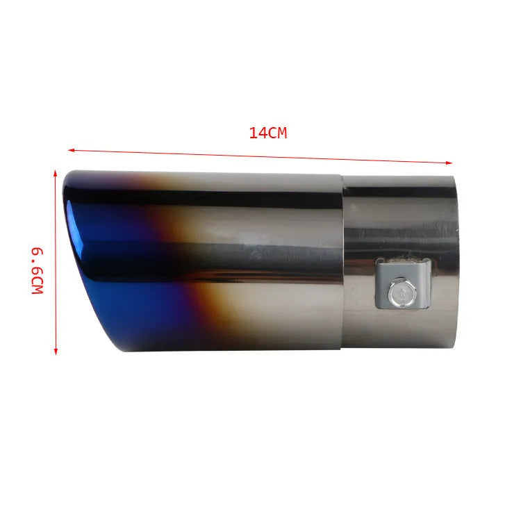Stainless steel car exhaust tail pipe showing straight and curved style options in different coloured finishes.