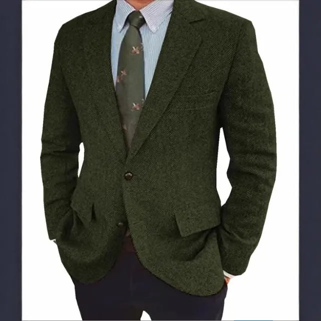 Men's brown herringbone suit jacket with long sleeves and retro business casual styling