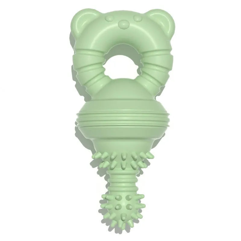 Blue molar-shaped rubber dog chew toy with textured surface for teeth cleaning