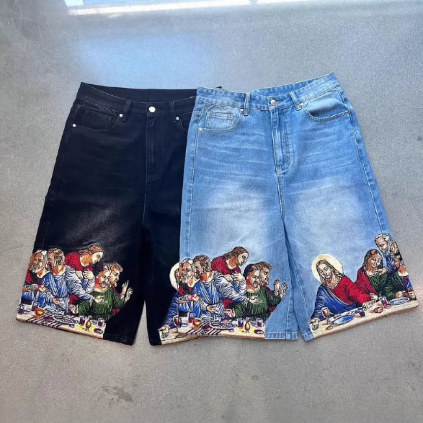 Blue men's casual cotton shorts with a Jesus design printed on the back pocket.