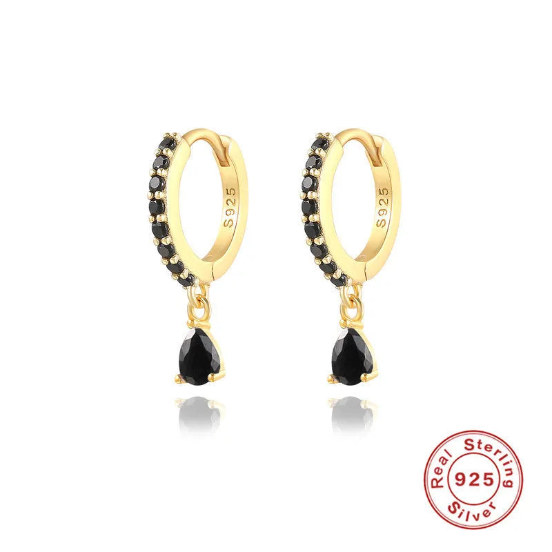 S925 sterling silver geometric water drop earrings with diamond accents in gold or silver tone.