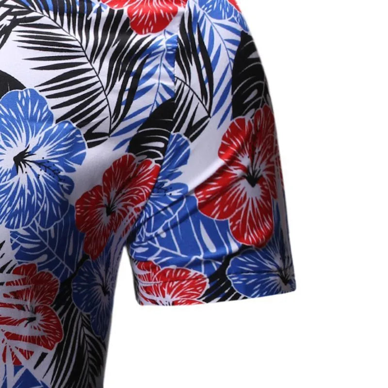 Men's summer floral shirt with square collar short sleeves in blue polyester on white background