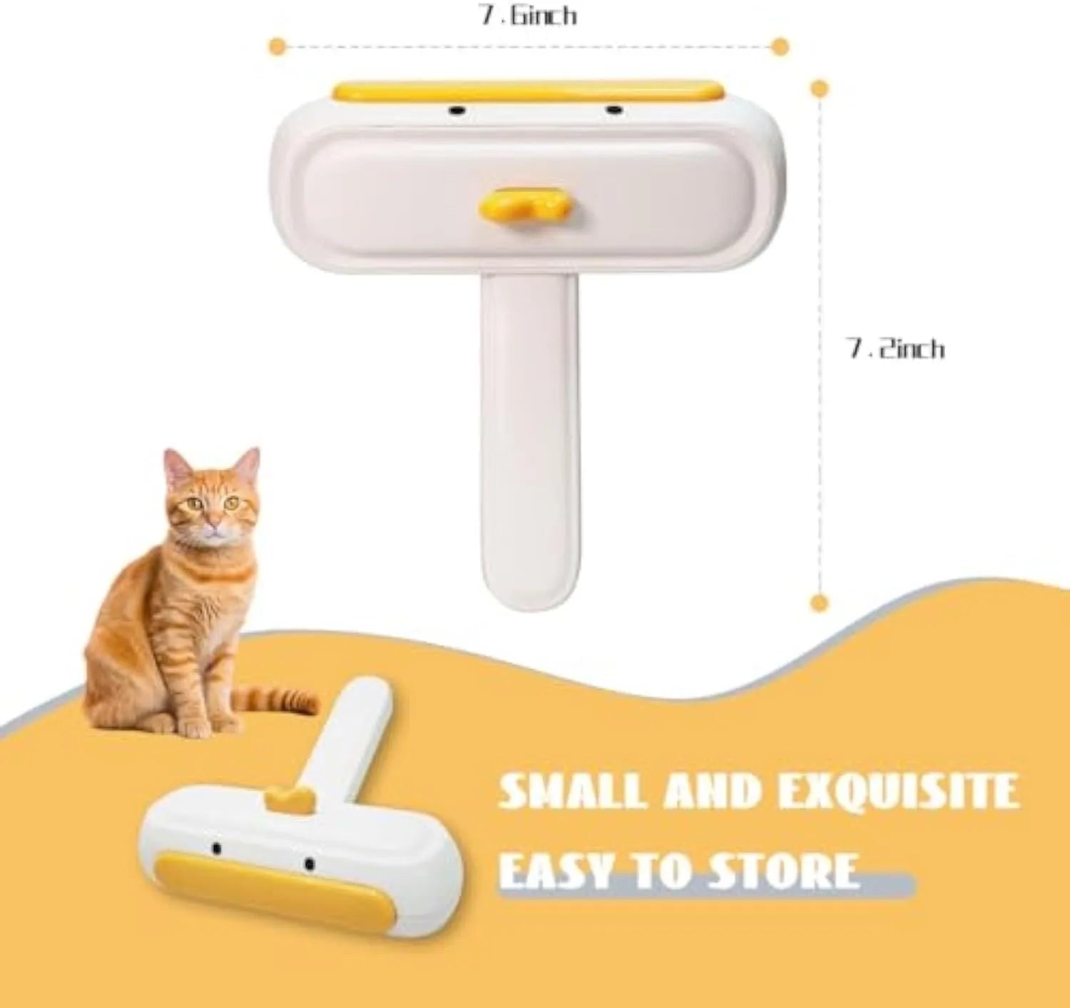 Yellow duck design portable manual pet hair remover tool on a fabric surface.