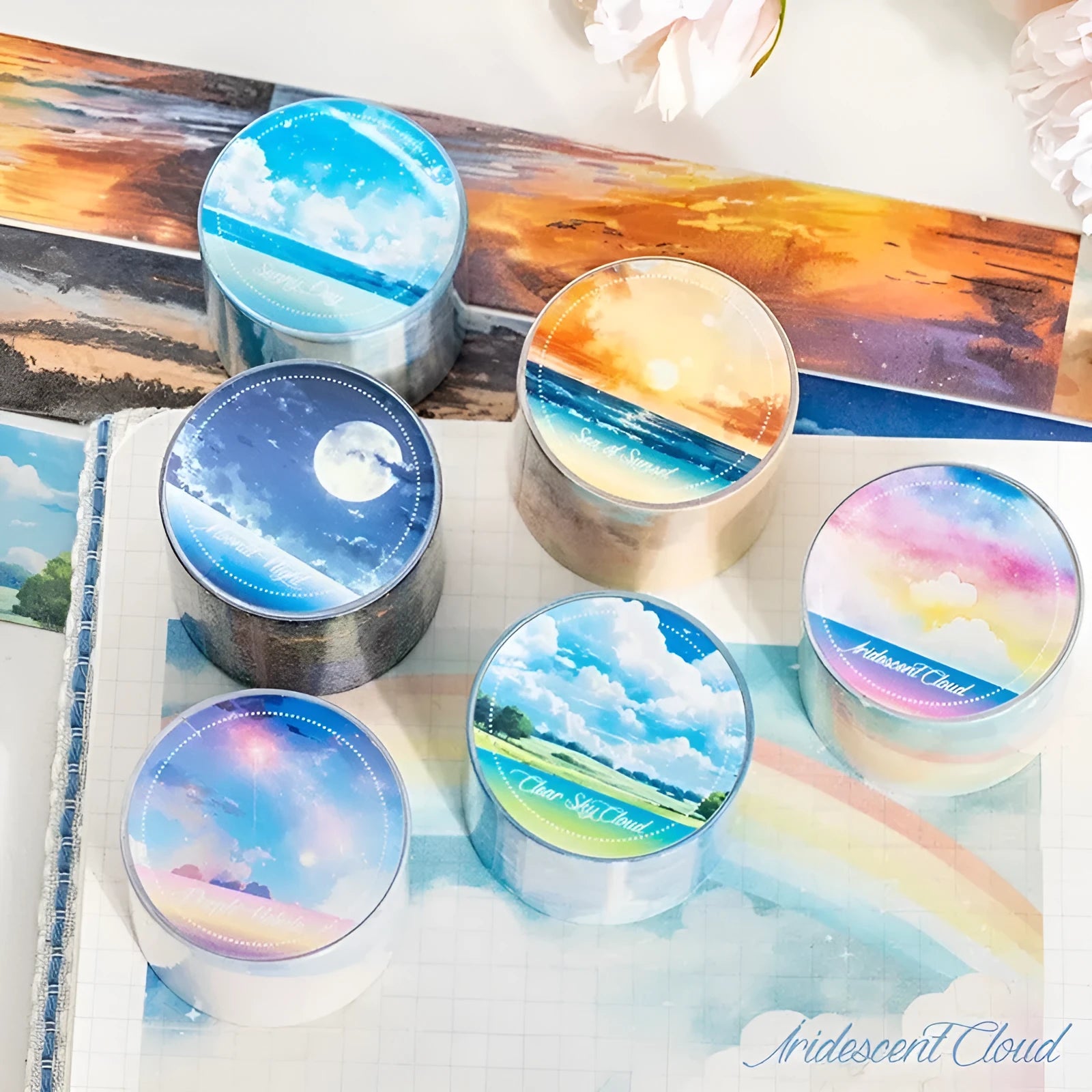 Japanese paper washi tape roll with cloud and sky theme designs including twilight and purple nebula patterns