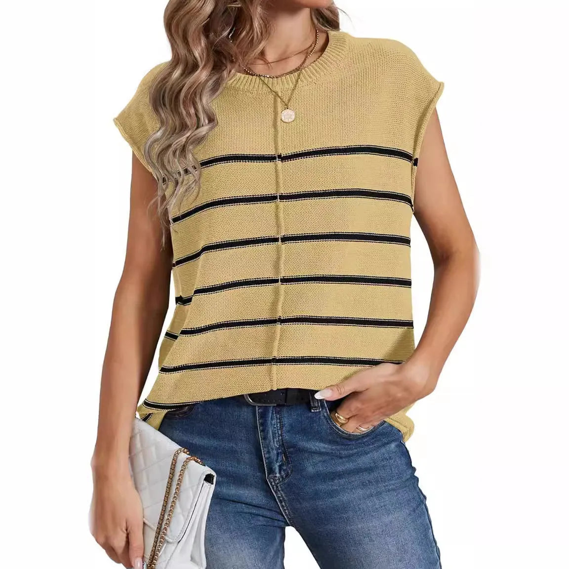 Women's striped sleeveless pullover vest in acrylic fabric, shown in multiple colour options.