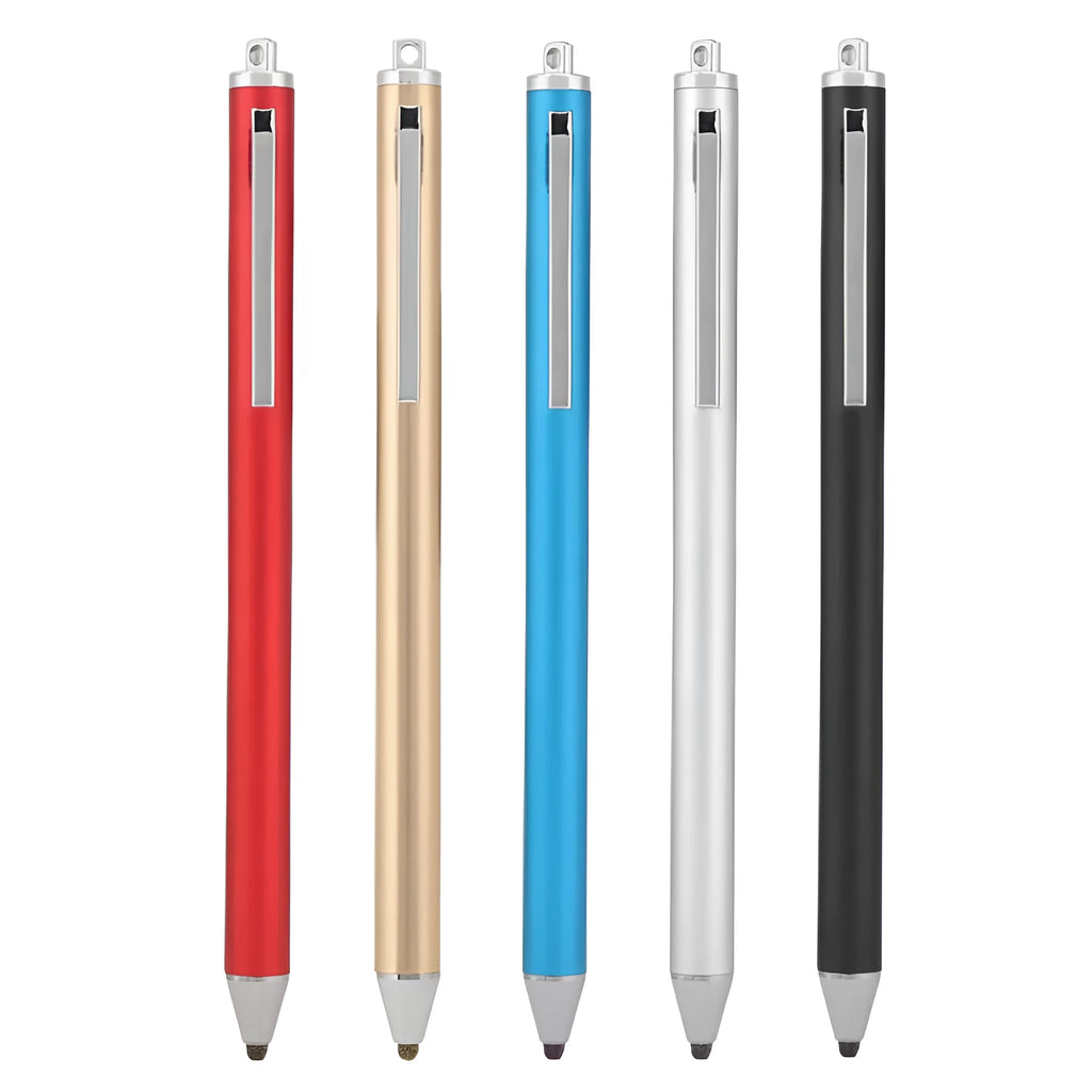 Metal stylus pen with a fine black tip, shown in seven colour options.