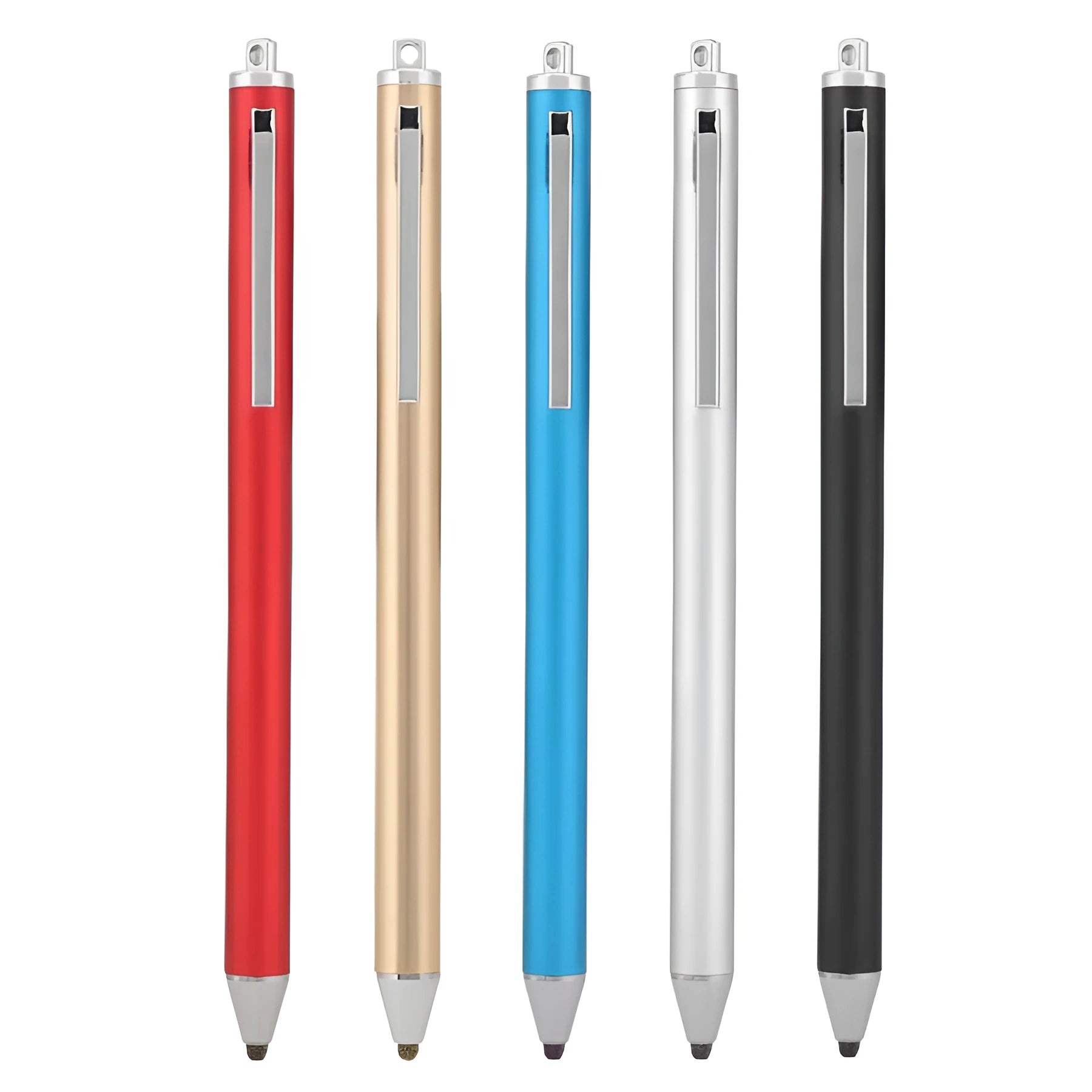 Metal stylus pen with a fine black tip, shown in seven colour options.