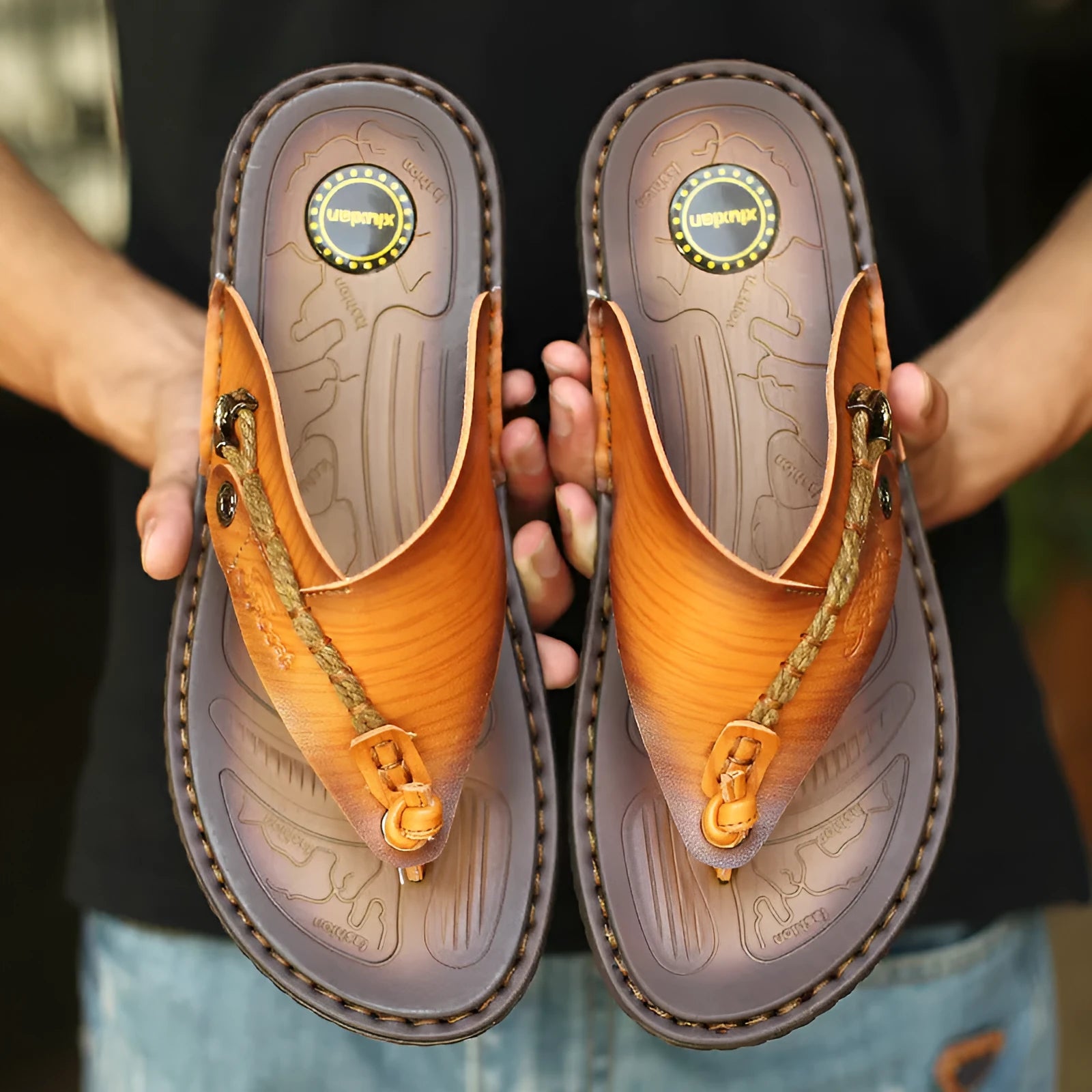 Men's dark blue herringbone pattern outdoor slippers with a rubber sole, shown in a large size.