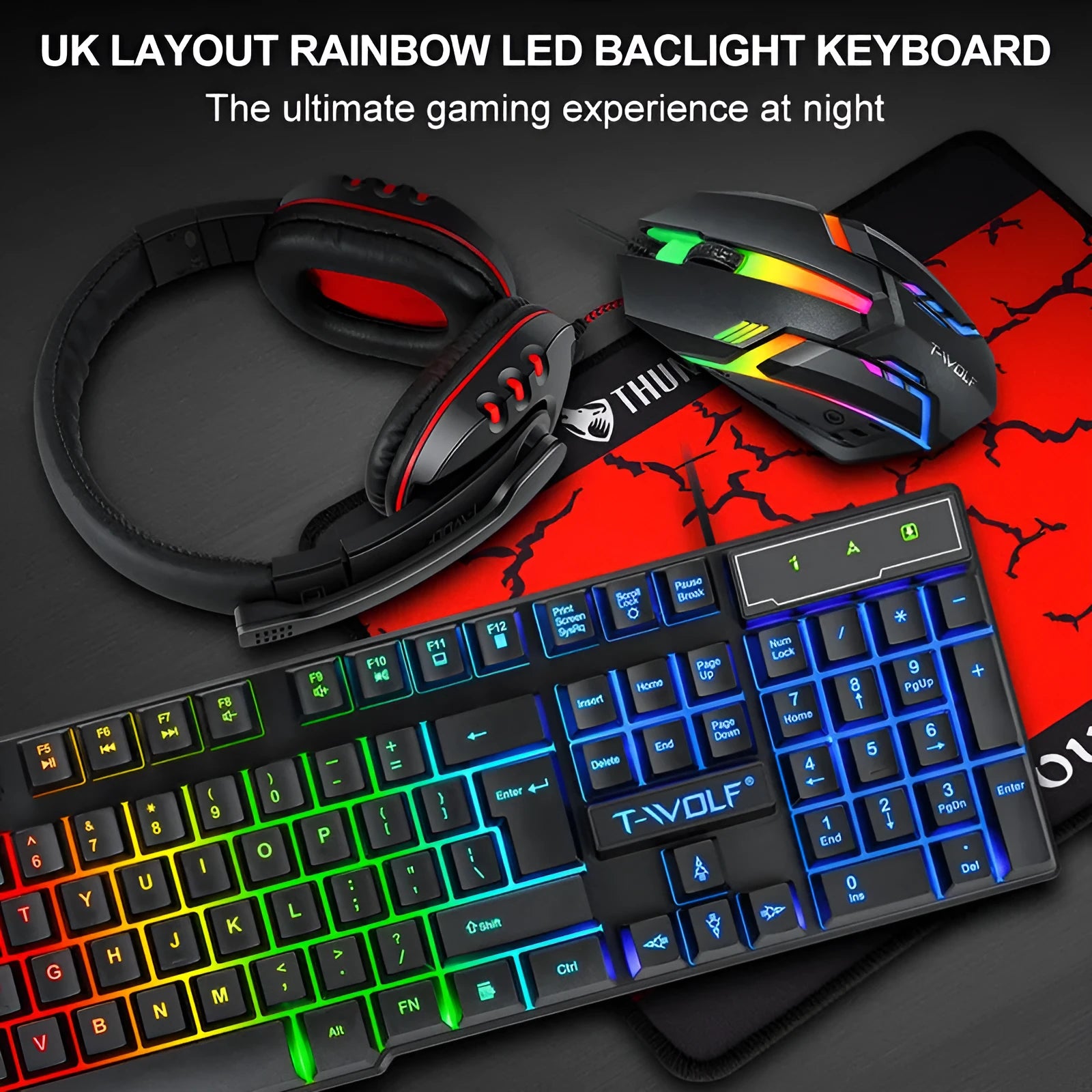 Thunder Wolf gaming keyboard and mouse set with RGB lighting, headset, and large mouse pad