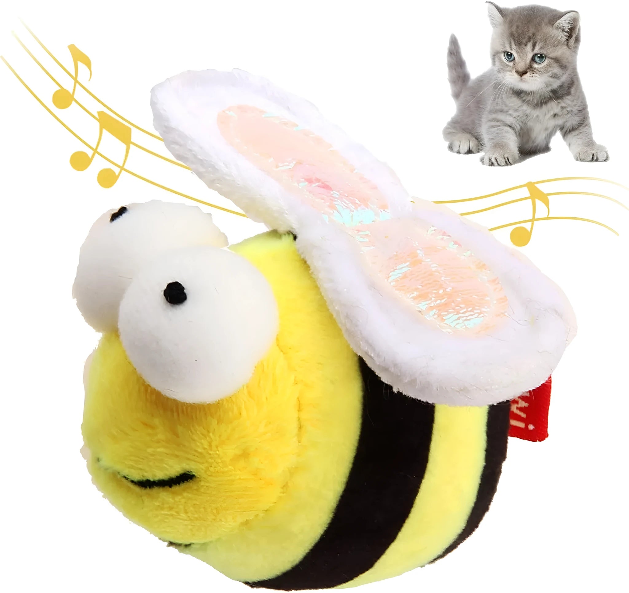 Yellow bee-shaped electronic cat toy with flannelette fabric on wooden surface