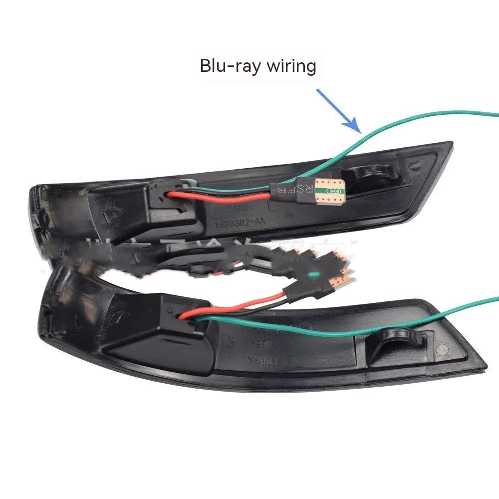 Ford Focus and Mondeo rearview mirror LED waterfall light accessory in yellow and blue two-tone.