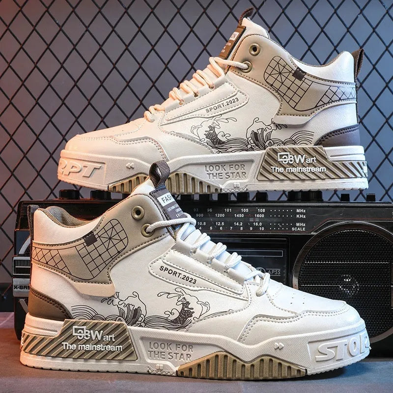 Men's high-top board shoes in beige, white and blue colours with lace-up front and rubber sole