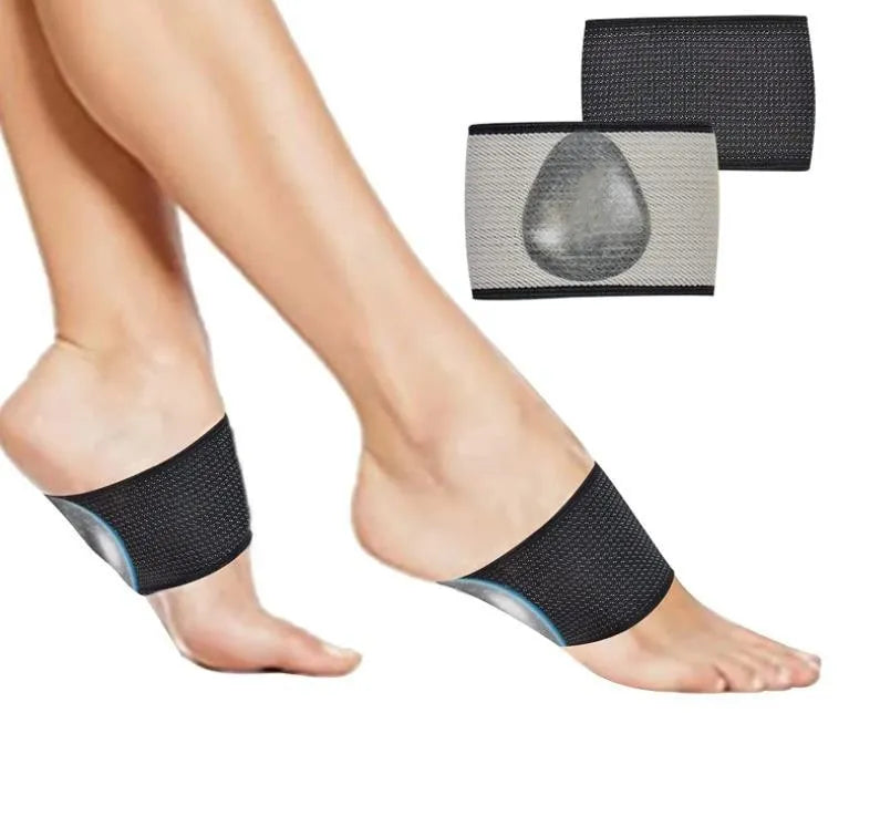 A pair of white elastic PU arch support bandages for flat feet, shown in ordinary and full heart styles.