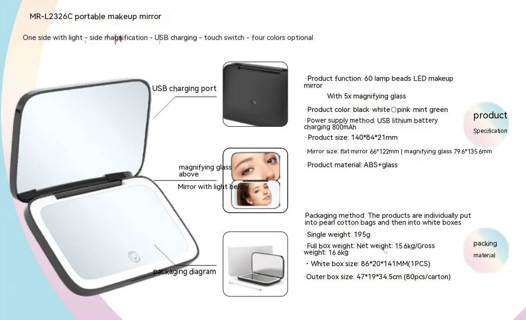 Portable LED make-up mirror with light in black showing double-sided design