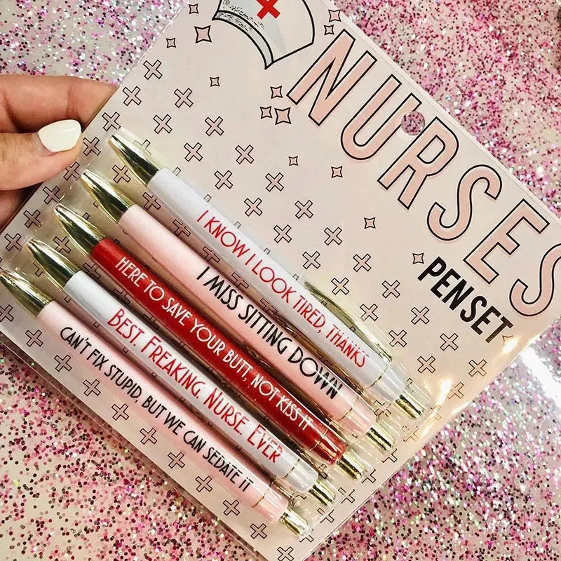 Five nurse theme ballpoint pens with retractable mechanisms and medical humour text