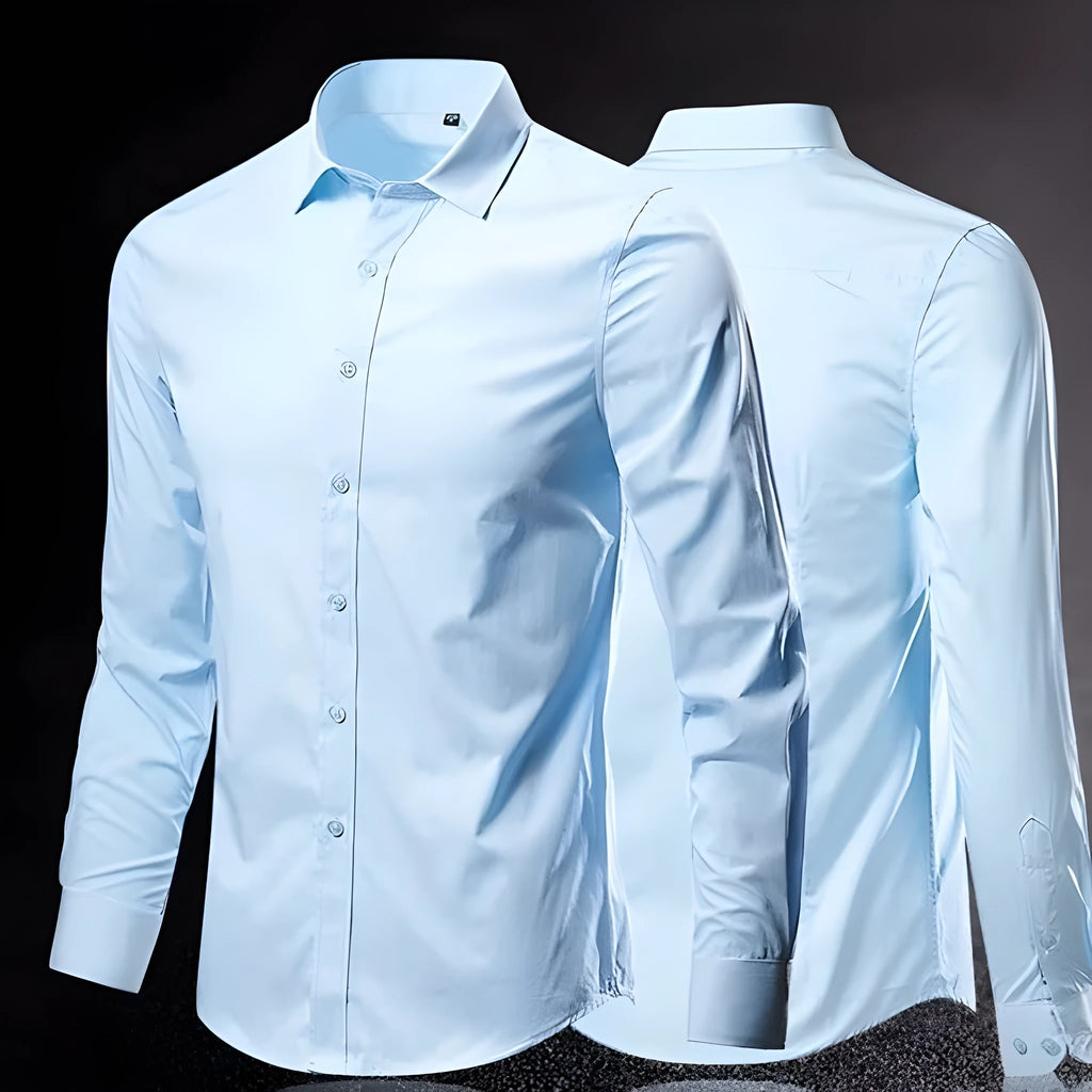 Man wearing a slim-fit long-sleeve linen shirt in a loose style, available in multiple colours.