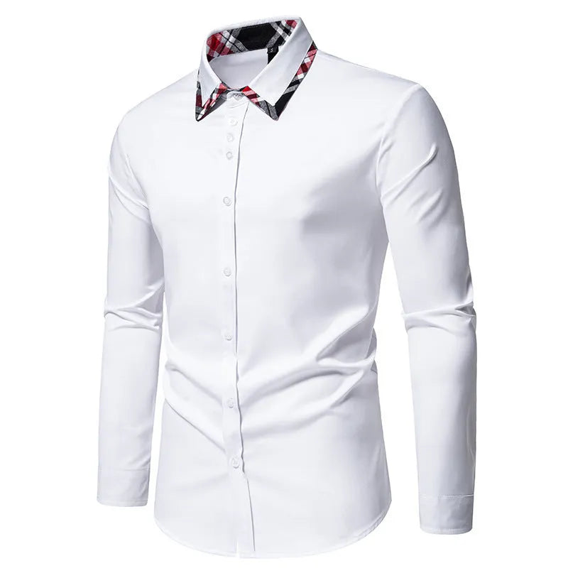 Men's plaid triangle collar long sleeve shirt in chemical fibre blend fabric