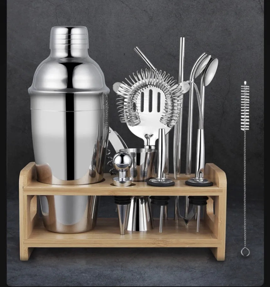 23-piece stainless steel bartender cocktail set with acrylic components on counter