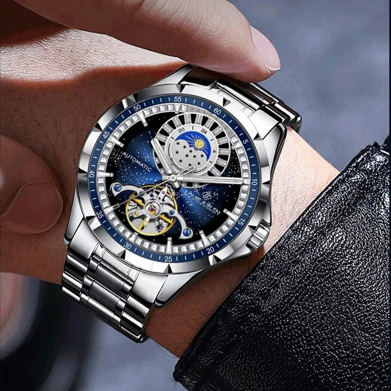 Men's silver automatic waterproof watch with blue dial and stainless steel strap
