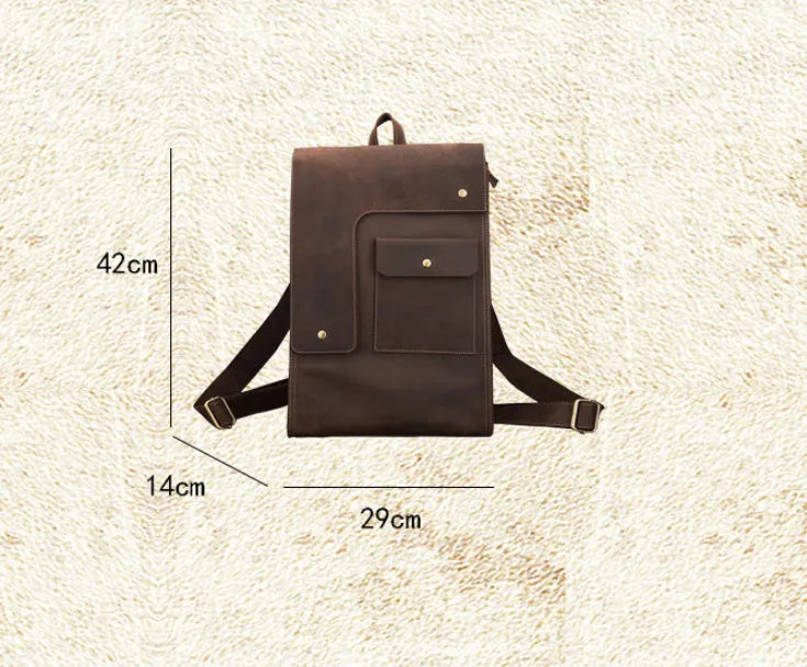 Dark brown genuine leather men's travel bag with vertical square design and shoulder straps