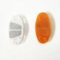Set of four plastic bicycle spoke reflectors in yellow and white colours showing measurements
