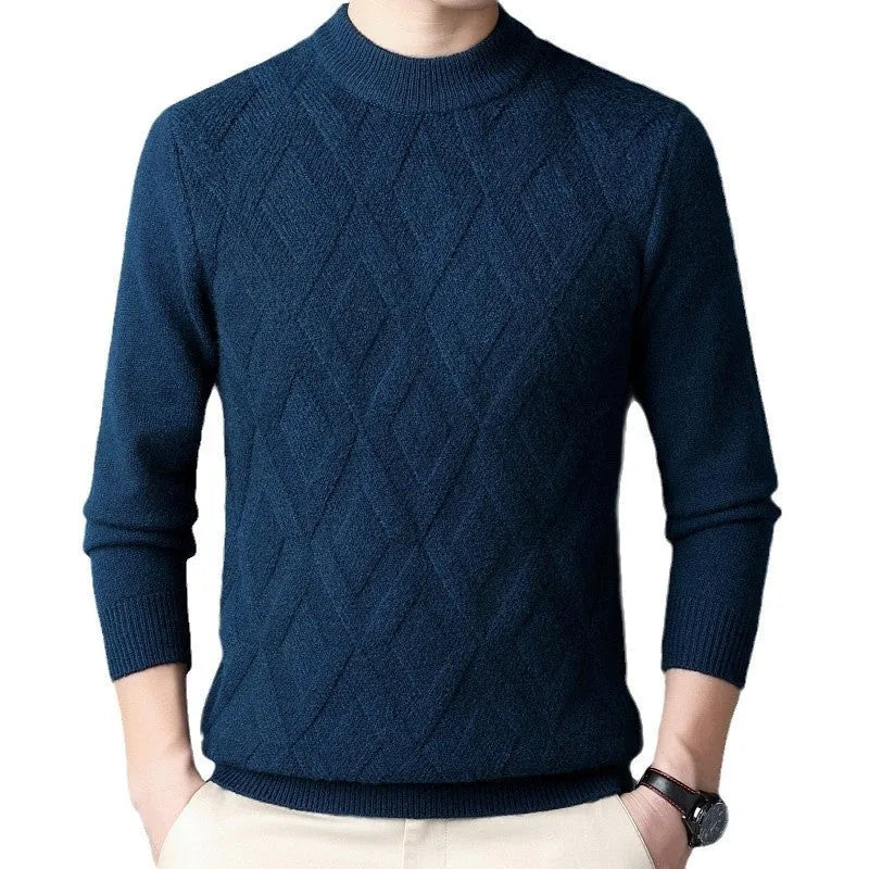 Men's diamond jacquard thermal pullover sweater in multiple colours showing textured pattern.