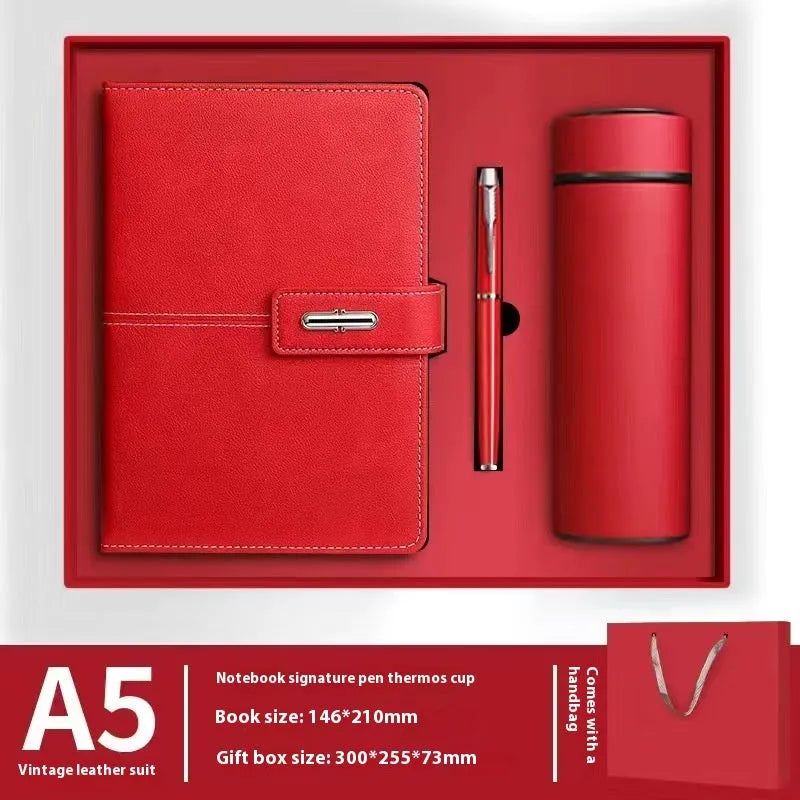 A5 notebook with PU leather cover in one of six colour options, showing wood-free paper inside.