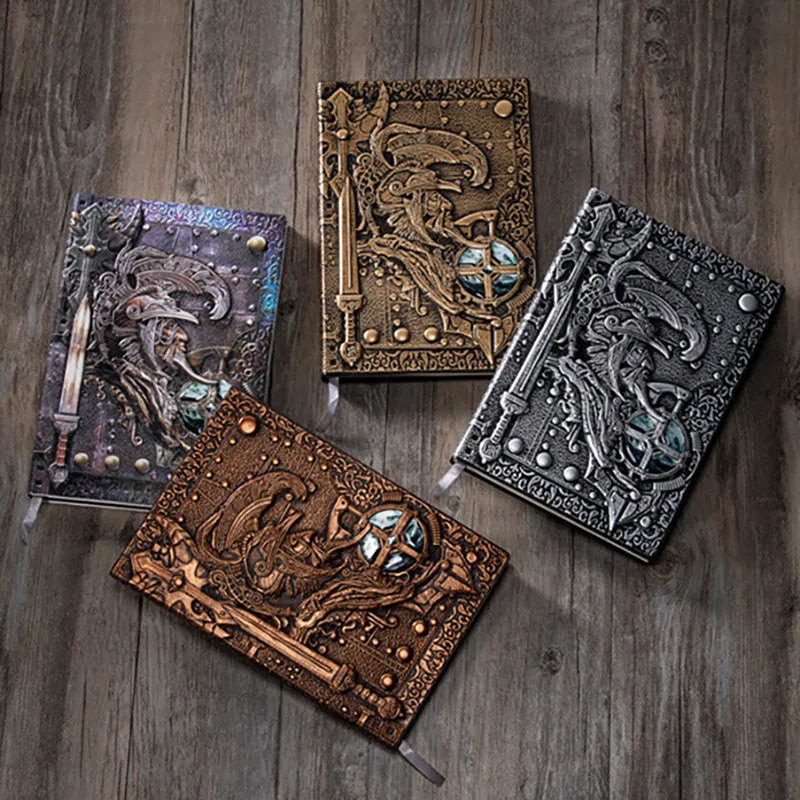 A5 leather notebook with embossed 3D warriors relief design on the cover, shown open.