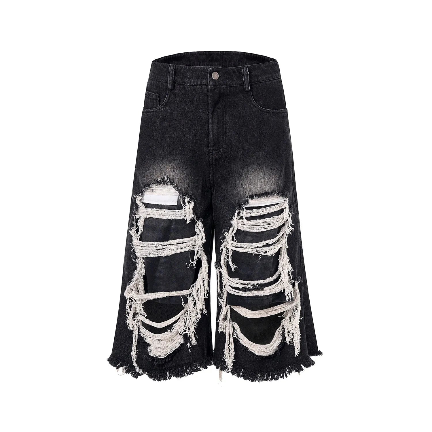 Black wide leg cropped jeans with mid-high waist and ripped patch detail on the legs.