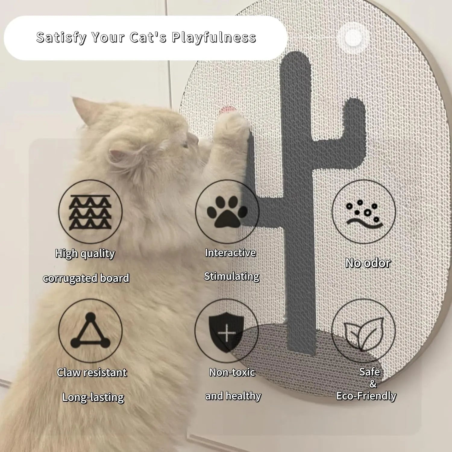 Wall-mounted cat scratch pad with corrugated cardboard surface measuring 35cm by 44cm