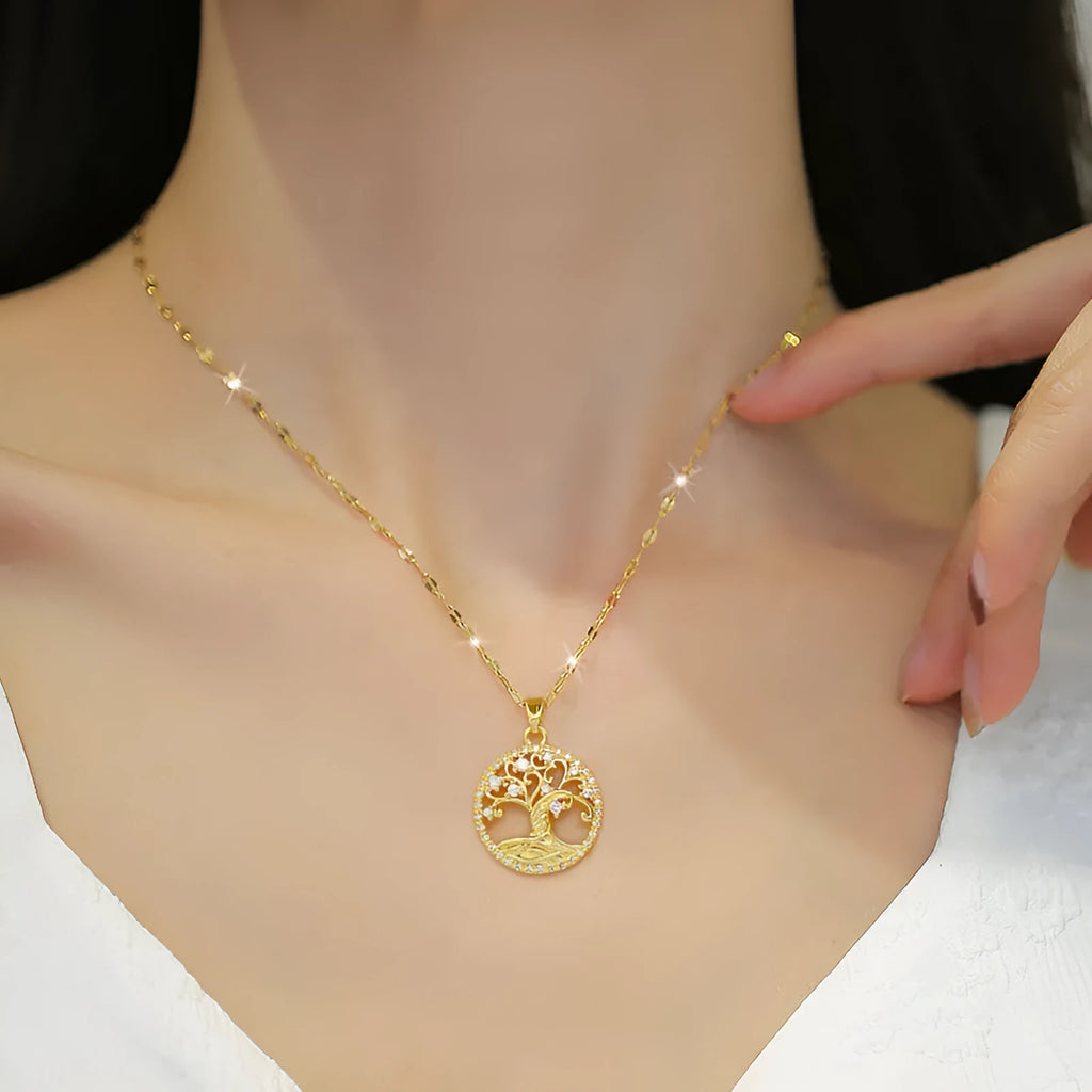 Gold-plated lucky tree necklace with mother pearl pendant on adjustable stainless steel chain