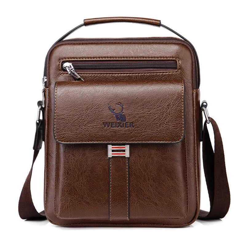 Men’s PU leather crossbody shoulder bag in solid colour with visible sewing line, waterproof for business travel