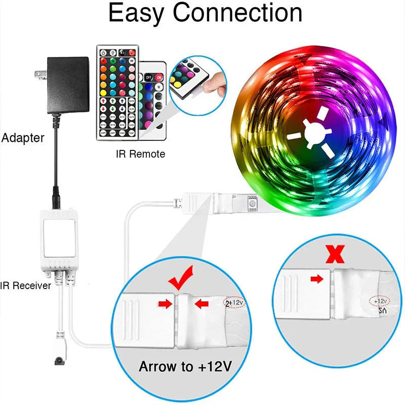 12V RGB LED strip light with Bluetooth remote control showing waterproof and non-waterproof options