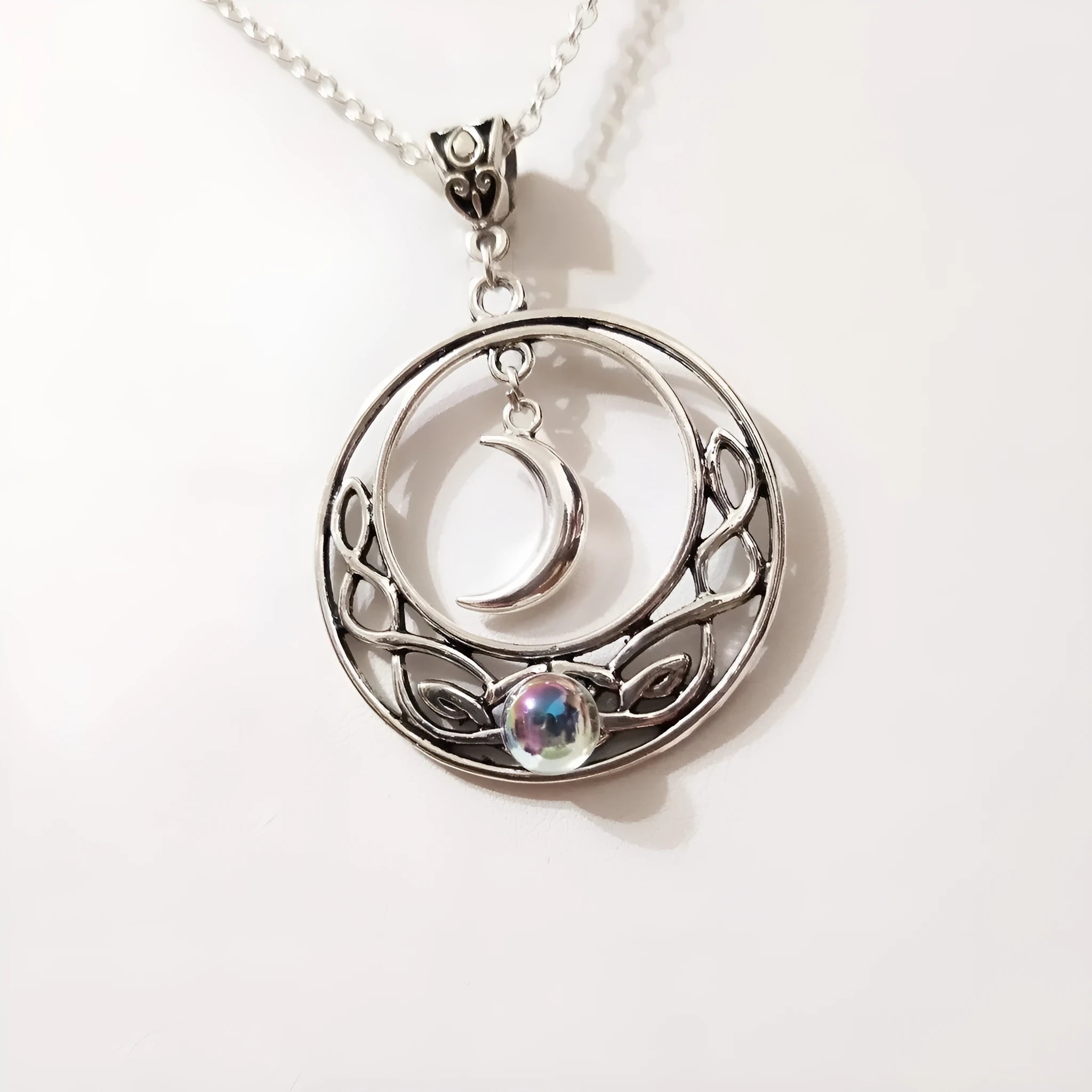 Celtic crescent crystal necklace for women with alloy cross chain and glass moon pendant in colour AQ-3073