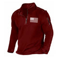 Men's dark coloured zip-front sweater with a stand collar and long sleeves.