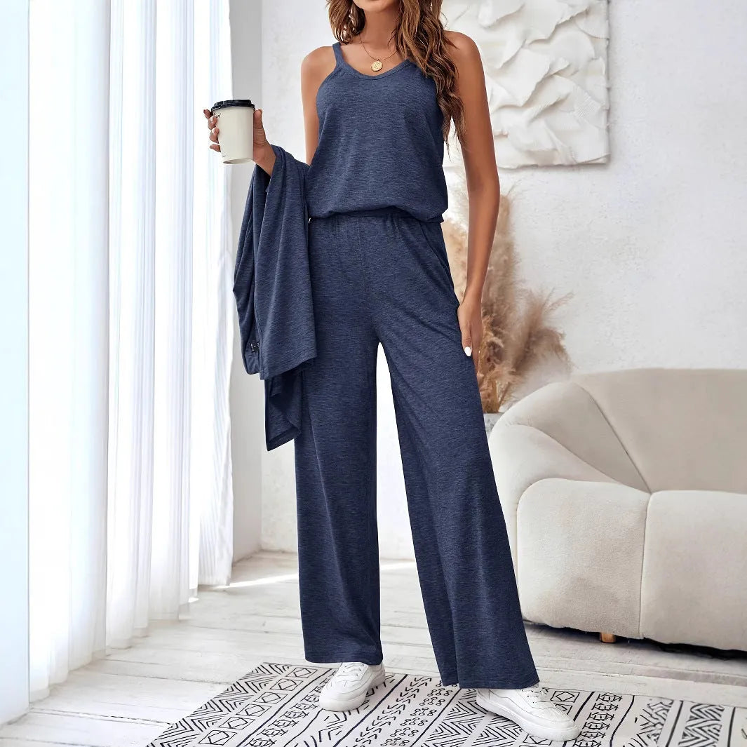 Women's blue polyester casual suit set with trousers, long-sleeve top and matching suspenders