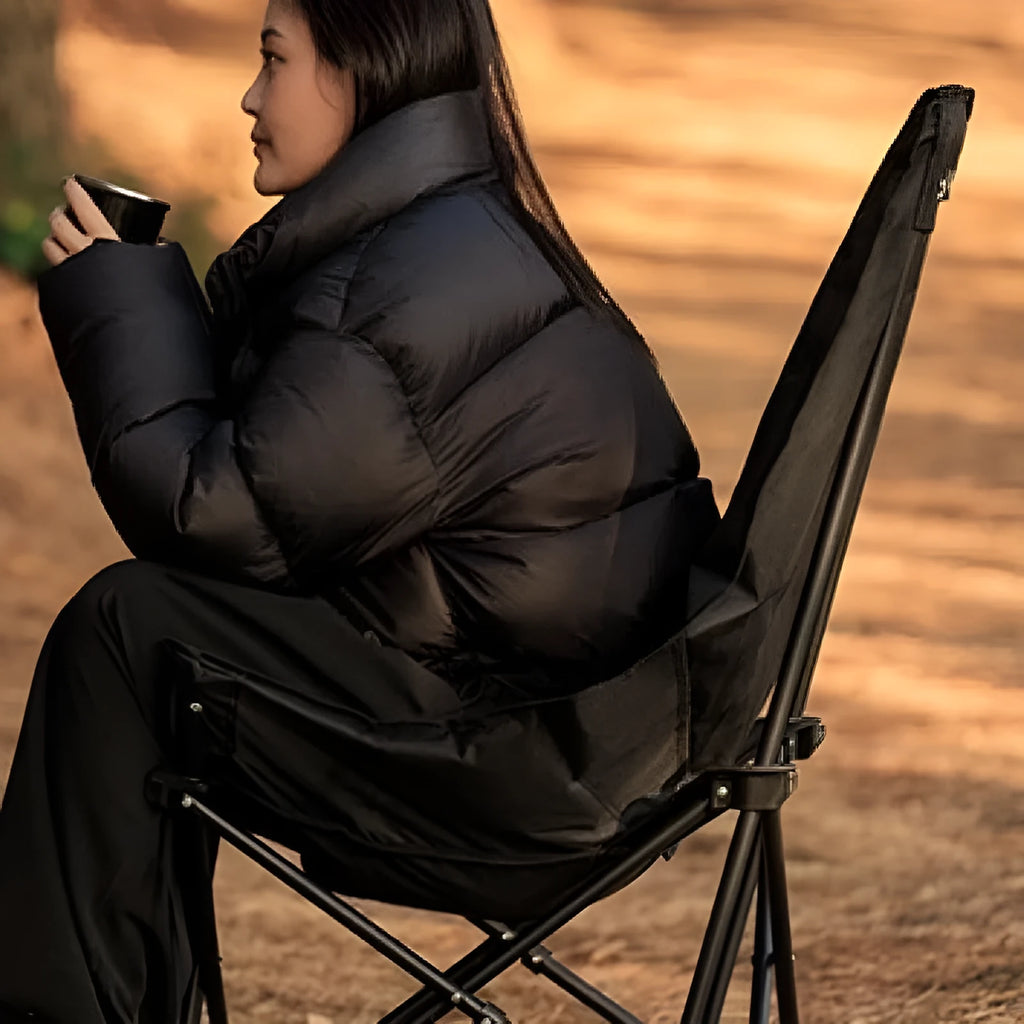 Night Black Oxford cloth camping recliner moon chair in folded and unfolded positions