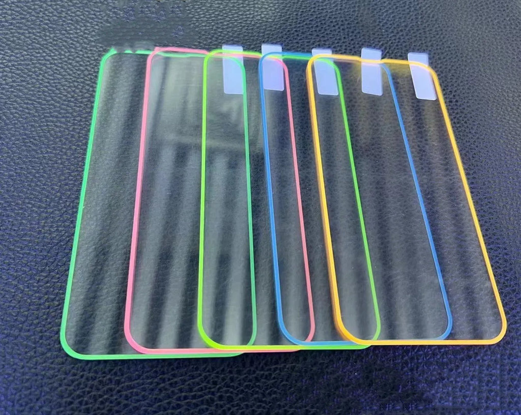 Fluorescent tempered glass iPhone screen protector in luminous colours showing full screen coverage