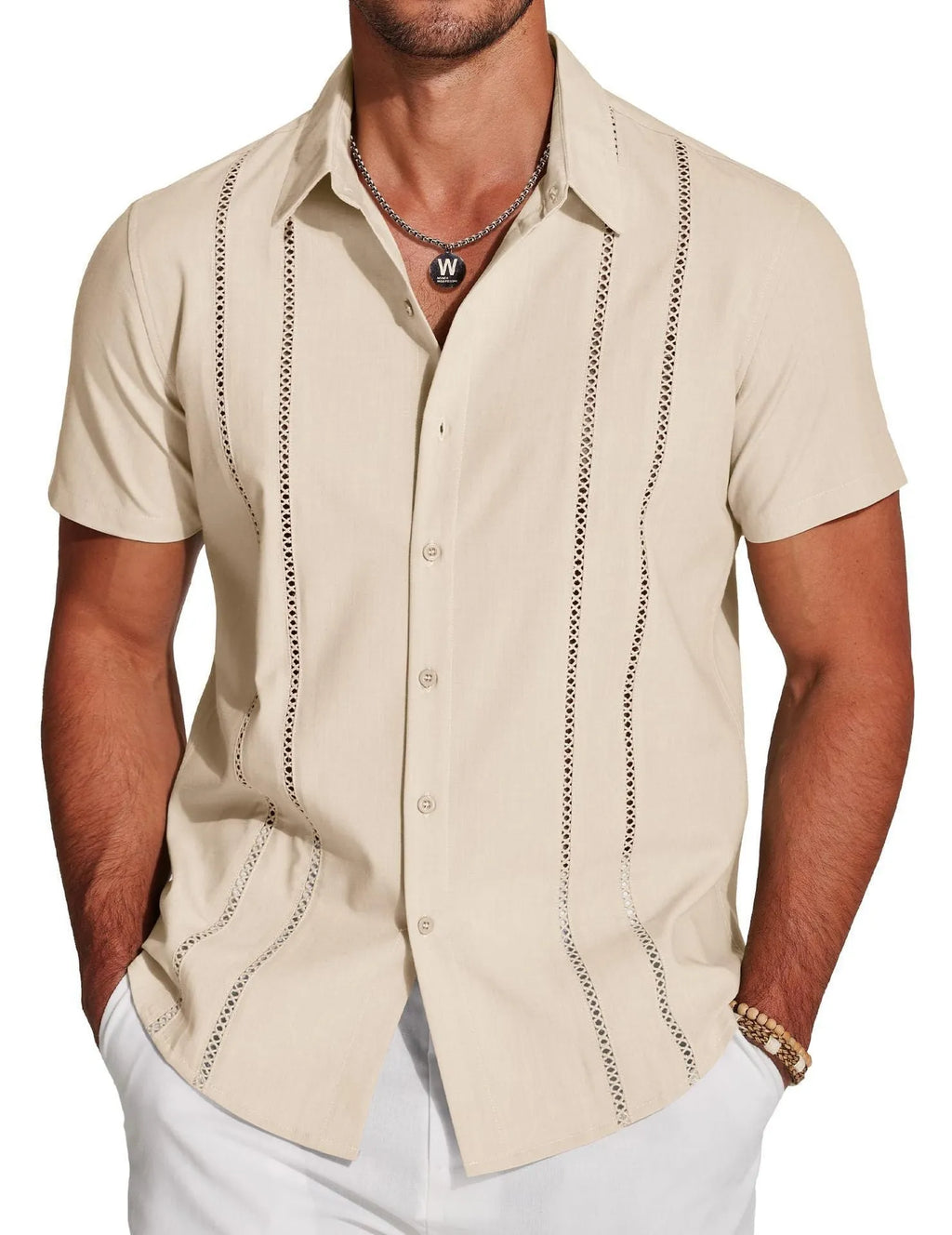 Men's slim fit short sleeve Hawaiian shirt with printed pattern in stretch polyester fabric.