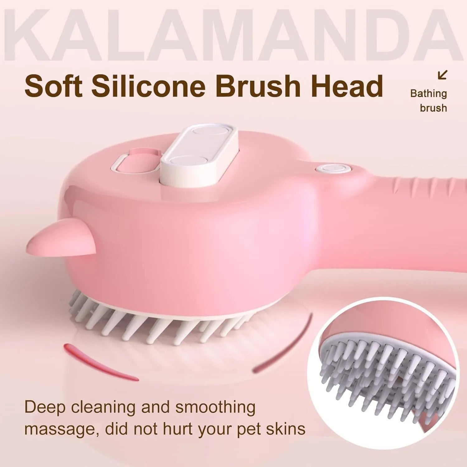 Blue cat steam brush with ergonomic handle and release button for pet grooming