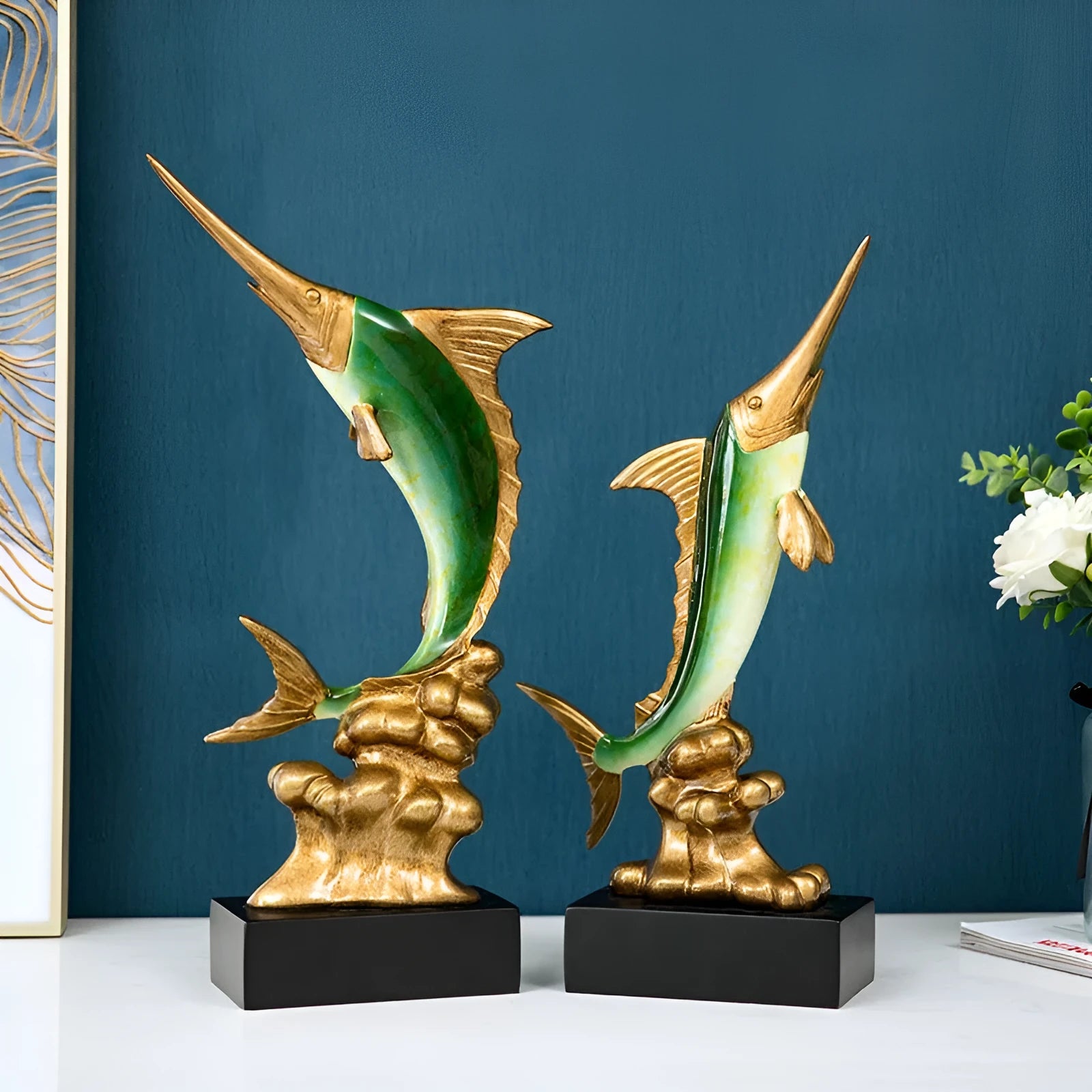 European style resin swordfish decoration ornament in Ocean Green, Lake Blue, Coral Red or Bright Gold for shelf display
