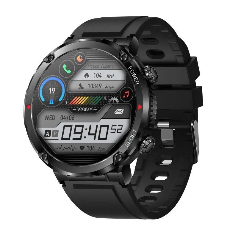 T30 Smart Watch in black on wrist, showing 52mm IPS screen displaying time and heart rate.
